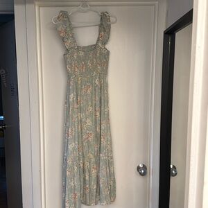 Long smocked floral dress.